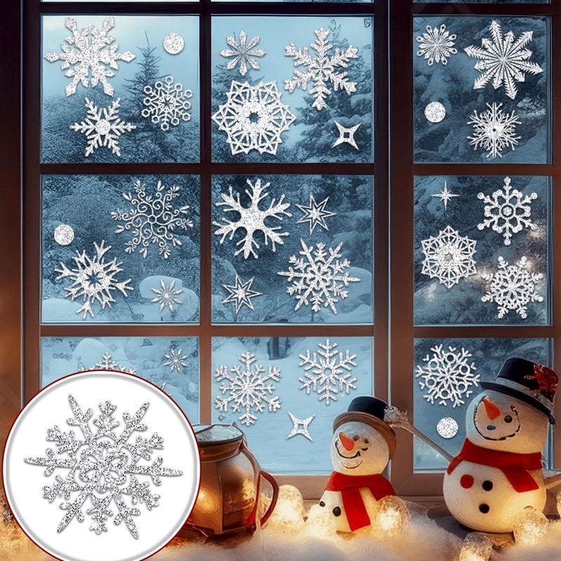 MAGLOGY Glitter Snowflake Window Clings 93Pcs, Christmas Silver Snowflake Window Clings, Xmas Glass Glitter Stickers Decals, Snowflakes, Winter Holiday Windows Decor for Festive Spirit Home Party - Image 3
